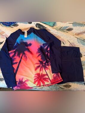 Womens Tropical Palm Print Long Sleeve Rash Guard Set with Swim Shorts